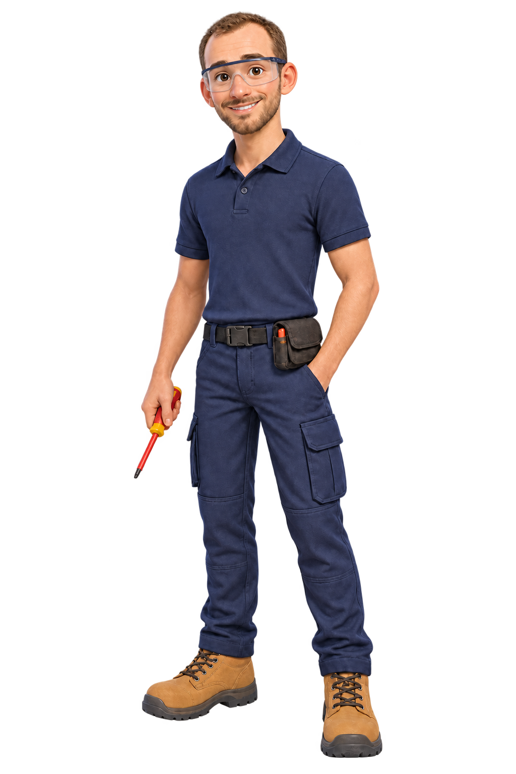 Personagem ilustrativo da Eletricidade Gomes: eletricista jovem com uniforme azul e óculos de proteção